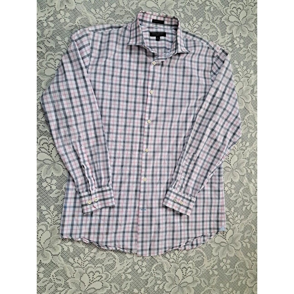 Banana Republic Grant Fit Supima Cotton Long Sleeve Men's Sz. Lg Pink Grey Plaid